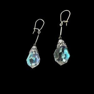 Iridescent Dangle Earrings Faceted Glass Pierced Drop Silver Tone Wire Hook